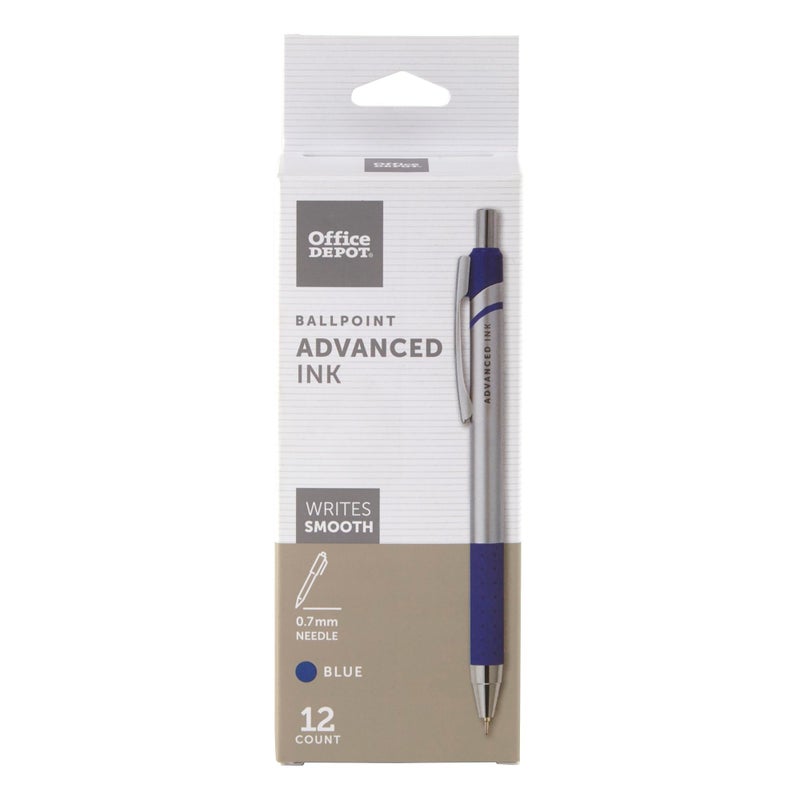 Office Depot Advanced Ink Retractable Ballpoint Pens, Needle Point, 0.7 mm, Silver Barrel, Blue Ink, Pack Of 12 - Image 1